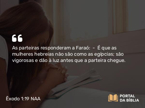 Êxodo 1:19 NAA - As parteiras responderam a Faraó: — É que as mulheres hebreias não são como as egípcias; são vigorosas e dão à luz antes que a parteira chegue.