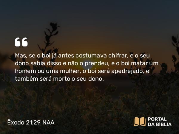 Êxodo 21:29 NAA - Mas, se o boi já antes costumava chifrar, e o seu dono sabia disso e não o prendeu, e o boi matar um homem ou uma mulher, o boi será apedrejado, e também será morto o seu dono.