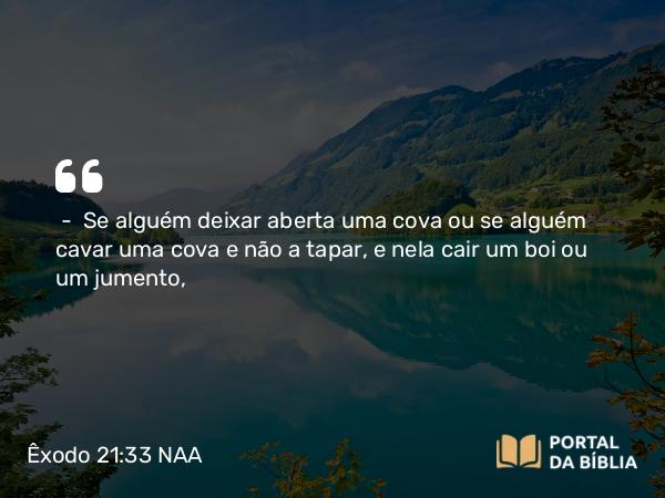 Êxodo 21:33 NAA - — Se alguém deixar aberta uma cova ou se alguém cavar uma cova e não a tapar, e nela cair um boi ou um jumento,