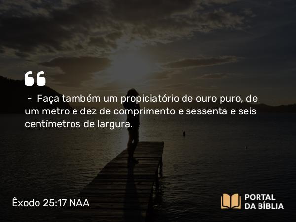 Êxodo 25:17-22 NAA - — Faça também um propiciatório de ouro puro, de um metro e dez de comprimento e sessenta e seis centímetros de largura.