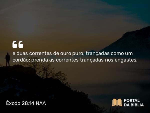 Êxodo 28:14 NAA - e duas correntes de ouro puro, trançadas como um cordão; prenda as correntes trançadas nos engastes.