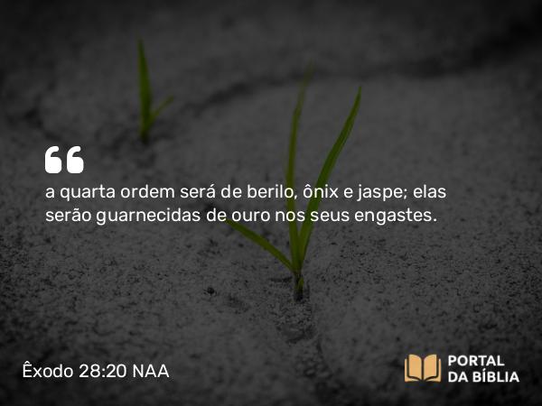 Êxodo 28:20 NAA - a quarta ordem será de berilo, ônix e jaspe; elas serão guarnecidas de ouro nos seus engastes.