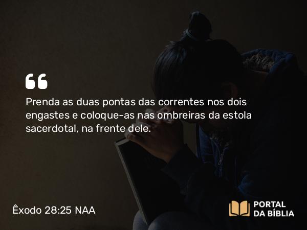 Êxodo 28:25 NAA - Prenda as duas pontas das correntes nos dois engastes e coloque-as nas ombreiras da estola sacerdotal, na frente dele.