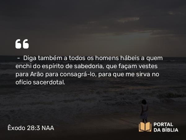 Êxodo 28:3 NAA - — Diga também a todos os homens hábeis a quem enchi do espírito de sabedoria, que façam vestes para Arão para consagrá-lo, para que me sirva no ofício sacerdotal.