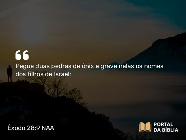 Êxodo 28:9 NAA - Pegue duas pedras de ônix e grave nelas os nomes dos filhos de Israel: