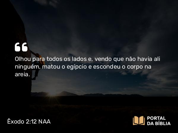 Êxodo 2:12 NAA - Olhou para todos os lados e, vendo que não havia ali ninguém, matou o egípcio e escondeu o corpo na areia.