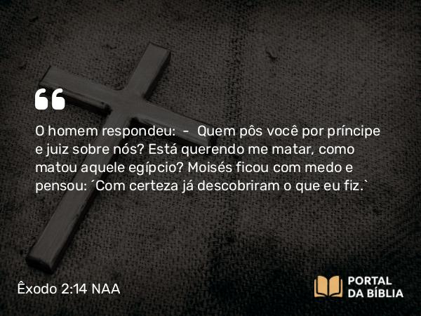 Êxodo 2:14 NAA - O homem respondeu: — Quem pôs você por príncipe e juiz sobre nós? Está querendo me matar, como matou aquele egípcio? Moisés ficou com medo e pensou: 