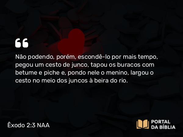 Êxodo 2:3 NAA - Não podendo, porém, escondê-lo por mais tempo, pegou um cesto de junco, tapou os buracos com betume e piche e, pondo nele o menino, largou o cesto no meio dos juncos à beira do rio.