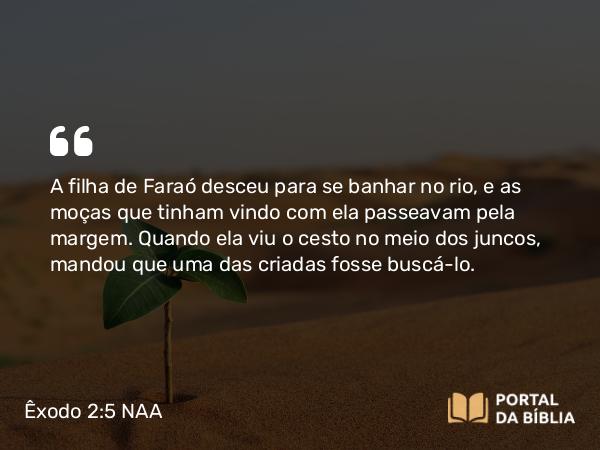 Êxodo 2:5 NAA - A filha de Faraó desceu para se banhar no rio, e as moças que tinham vindo com ela passeavam pela margem. Quando ela viu o cesto no meio dos juncos, mandou que uma das criadas fosse buscá-lo.