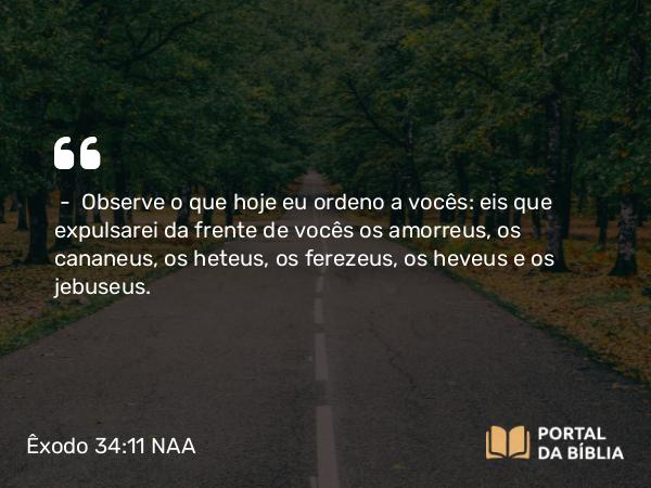 Êxodo 34:11-16 NAA - — Observe o que hoje eu ordeno a vocês: eis que expulsarei da frente de vocês os amorreus, os cananeus, os heteus, os ferezeus, os heveus e os jebuseus.