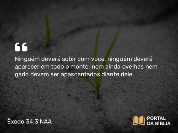 Êxodo 34:3 NAA - Ninguém deverá subir com você, ninguém deverá aparecer em todo o monte; nem ainda ovelhas nem gado devem ser apascentados diante dele.