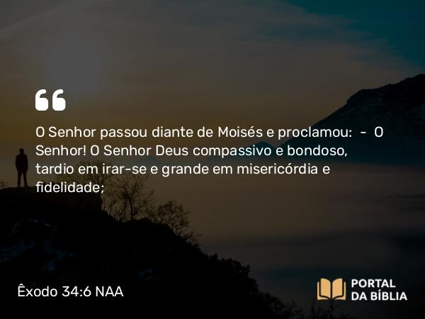 Êxodo 34:6-7 NAA - O Senhor passou diante de Moisés e proclamou: — O Senhor! O Senhor Deus compassivo e bondoso, tardio em irar-se e grande em misericórdia e fidelidade;