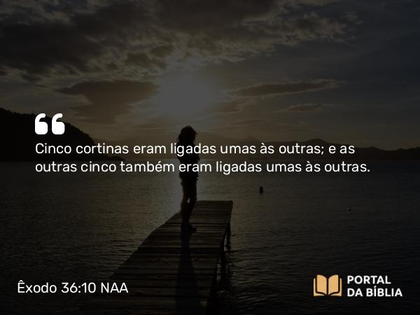 Êxodo 36:10 NAA - Cinco cortinas eram ligadas umas às outras; e as outras cinco também eram ligadas umas às outras.