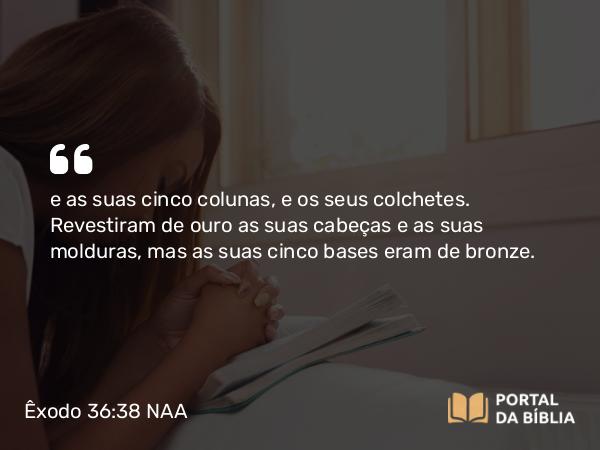 Êxodo 36:38 NAA - e as suas cinco colunas, e os seus colchetes. Revestiram de ouro as suas cabeças e as suas molduras, mas as suas cinco bases eram de bronze.