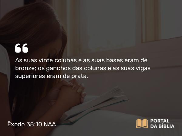 Êxodo 38:10 NAA - As suas vinte colunas e as suas bases eram de bronze; os ganchos das colunas e as suas vigas superiores eram de prata.