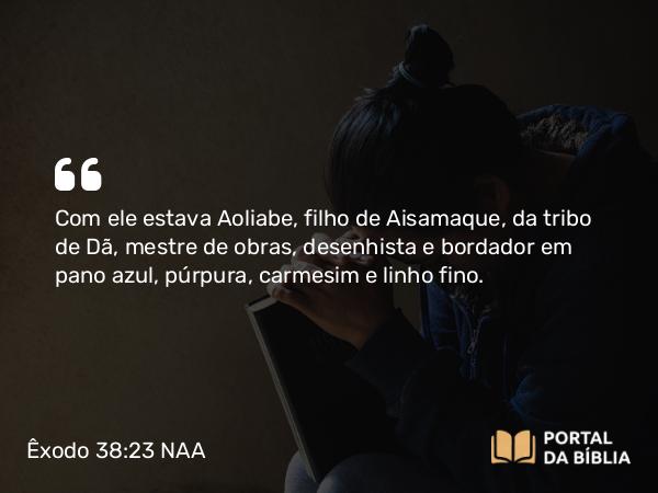 Êxodo 38:23 NAA - Com ele estava Aoliabe, filho de Aisamaque, da tribo de Dã, mestre de obras, desenhista e bordador em pano azul, púrpura, carmesim e linho fino.