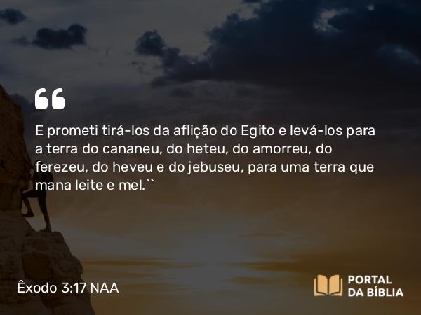 Êxodo 3:17 NAA - E prometi tirá-los da aflição do Egito e levá-los para a terra do cananeu, do heteu, do amorreu, do ferezeu, do heveu e do jebuseu, para uma terra que mana leite e mel.’