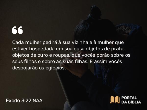 Êxodo 3:22 NAA - Cada mulher pedirá à sua vizinha e à mulher que estiver hospedada em sua casa objetos de prata, objetos de ouro e roupas, que vocês porão sobre os seus filhos e sobre as suas filhas. E assim vocês despojarão os egípcios.