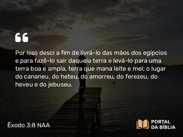 Êxodo 3:8 NAA - Por isso desci a fim de livrá-lo das mãos dos egípcios e para fazê-lo sair daquela terra e levá-lo para uma terra boa e ampla, terra que mana leite e mel; o lugar do cananeu, do heteu, do amorreu, do ferezeu, do heveu e do jebuseu.