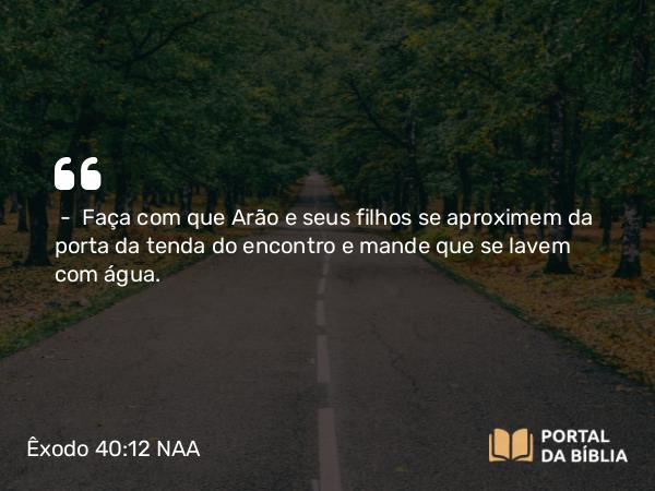 Êxodo 40:12-13 NAA - — Faça com que Arão e seus filhos se aproximem da porta da tenda do encontro e mande que se lavem com água.