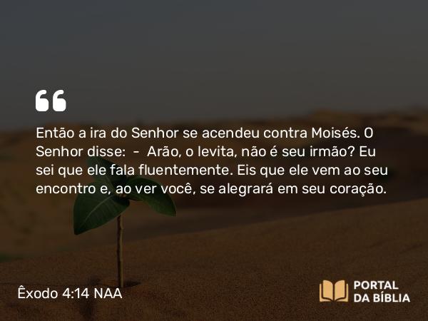 Êxodo 4:14 NAA - Então a ira do Senhor se acendeu contra Moisés. O Senhor disse: — Arão, o levita, não é seu irmão? Eu sei que ele fala fluentemente. Eis que ele vem ao seu encontro e, ao ver você, se alegrará em seu coração.