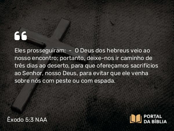 Êxodo 5:3-4 NAA - Eles prosseguiram: — O Deus dos hebreus veio ao nosso encontro; portanto, deixe-nos ir caminho de três dias ao deserto, para que ofereçamos sacrifícios ao Senhor, nosso Deus, para evitar que ele venha sobre nós com peste ou com espada.