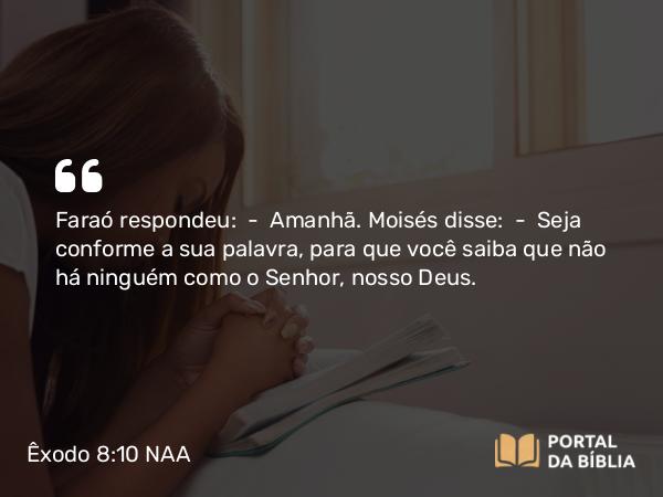 Êxodo 8:10 NAA - Faraó respondeu: — Amanhã. Moisés disse: — Seja conforme a sua palavra, para que você saiba que não há ninguém como o Senhor, nosso Deus.