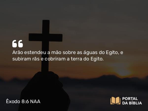 Êxodo 8:6 NAA - Arão estendeu a mão sobre as águas do Egito, e subiram rãs e cobriram a terra do Egito.