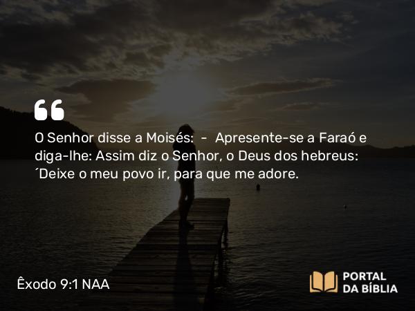 Êxodo 9:1 NAA - O Senhor disse a Moisés: — Apresente-se a Faraó e diga-lhe: Assim diz o Senhor, o Deus dos hebreus: 