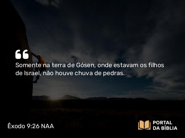 Êxodo 9:26 NAA - Somente na terra de Gósen, onde estavam os filhos de Israel, não houve chuva de pedras.