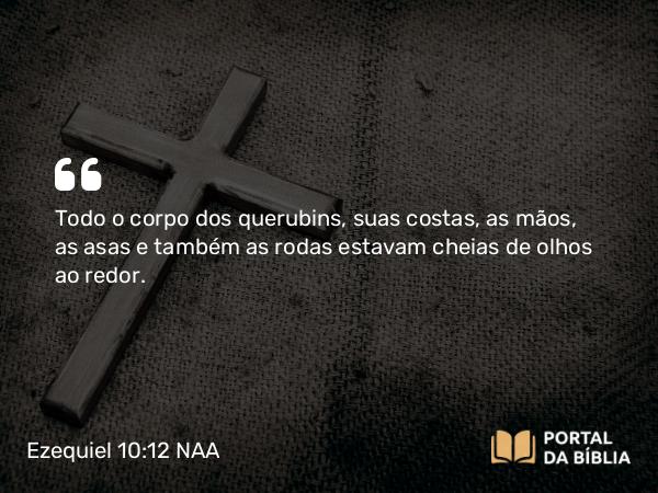 Ezequiel 10:12 NAA - Todo o corpo dos querubins, suas costas, as mãos, as asas e também as rodas estavam cheias de olhos ao redor.