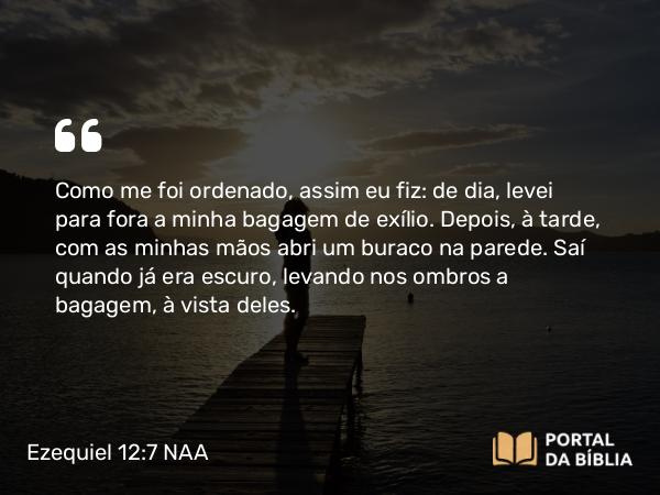 Ezequiel 12:7 NAA - Como me foi ordenado, assim eu fiz: de dia, levei para fora a minha bagagem de exílio. Depois, à tarde, com as minhas mãos abri um buraco na parede. Saí quando já era escuro, levando nos ombros a bagagem, à vista deles.