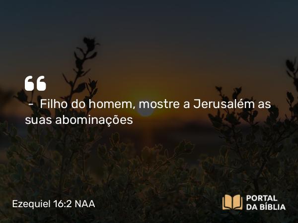 Ezequiel 16:2 NAA - — Filho do homem, mostre a Jerusalém as suas abominações