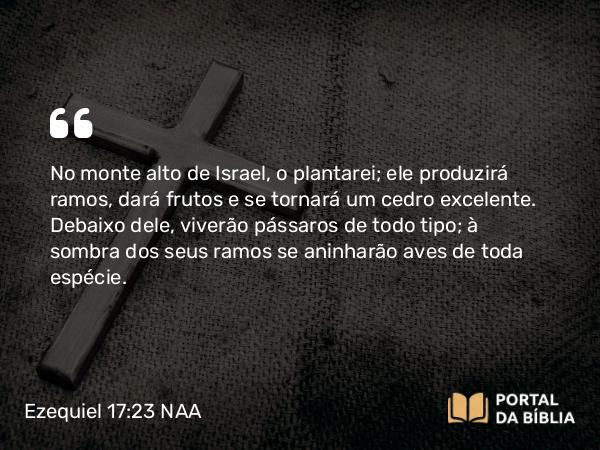 Ezequiel 17:23 NAA - No monte alto de Israel, o plantarei; ele produzirá ramos, dará frutos e se tornará um cedro excelente. Debaixo dele, viverão pássaros de todo tipo; à sombra dos seus ramos se aninharão aves de toda espécie.