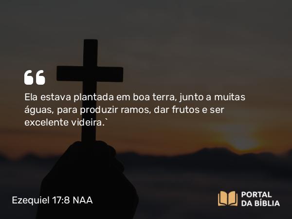 Ezequiel 17:8 NAA - Ela estava plantada em boa terra, junto a muitas águas, para produzir ramos, dar frutos e ser excelente videira.