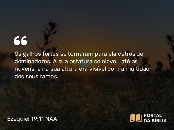 Ezequiel 19:11 NAA - Os galhos fortes se tornaram para ela cetros de dominadores. A sua estatura se elevou até as nuvens, e na sua altura era visível com a multidão dos seus ramos.