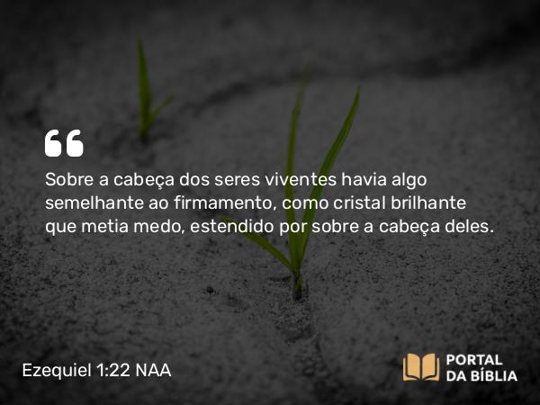 Ezequiel 1:22 NAA - Sobre a cabeça dos seres viventes havia algo semelhante ao firmamento, como cristal brilhante que metia medo, estendido por sobre a cabeça deles.