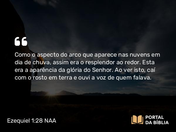 Ezequiel 1:28 NAA - Como o aspecto do arco que aparece nas nuvens em dia de chuva, assim era o resplendor ao redor. Esta era a aparência da glória do Senhor. Ao ver isto, caí com o rosto em terra e ouvi a voz de quem falava.