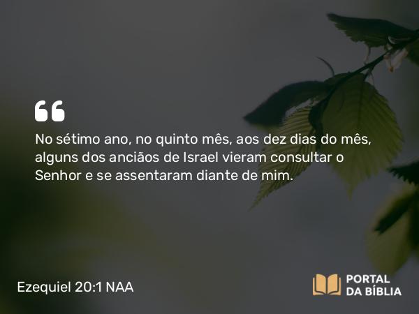 Ezequiel 20:1 NAA - No sétimo ano, no quinto mês, aos dez dias do mês, alguns dos anciãos de Israel vieram consultar o Senhor e se assentaram diante de mim.