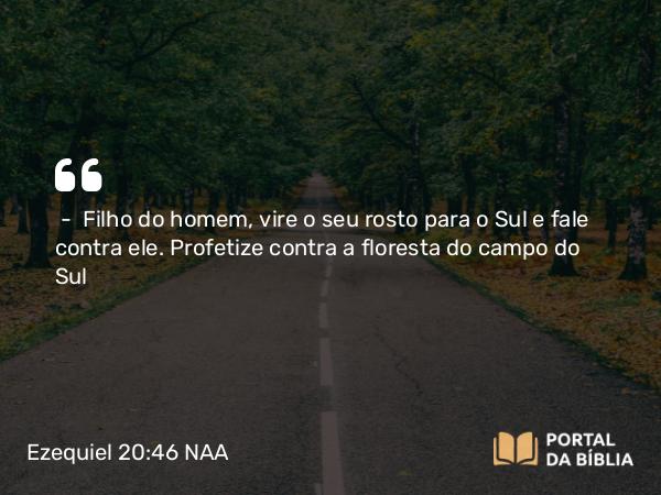 Ezequiel 20:46 NAA - — Filho do homem, vire o seu rosto para o Sul e fale contra ele. Profetize contra a floresta do campo do Sul