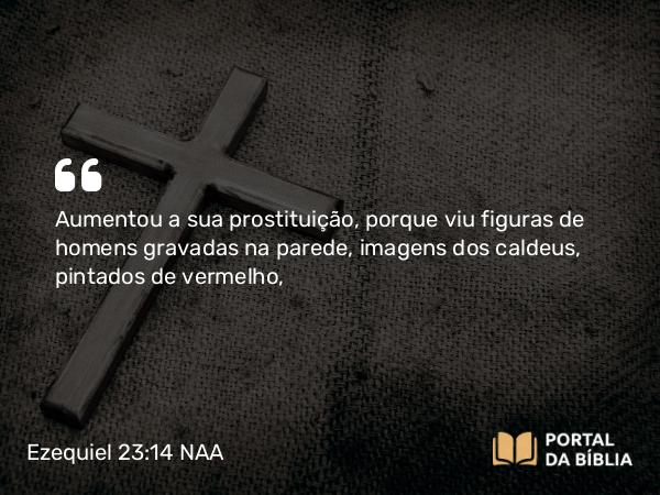 Ezequiel 23:14 NAA - Aumentou a sua prostituição, porque viu figuras de homens gravadas na parede, imagens dos caldeus, pintados de vermelho,