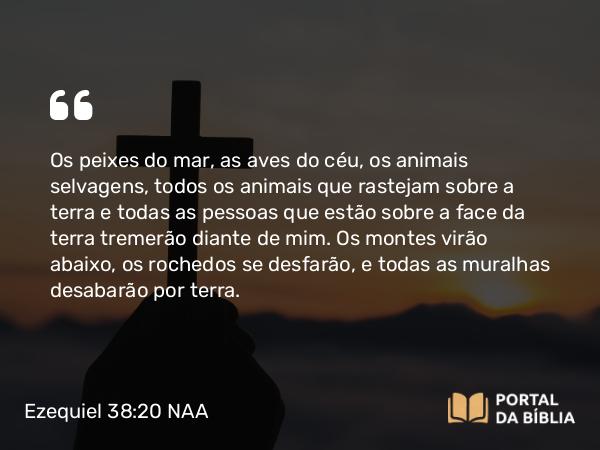 Ezequiel 38:20 NAA - Os peixes do mar, as aves do céu, os animais selvagens, todos os animais que rastejam sobre a terra e todas as pessoas que estão sobre a face da terra tremerão diante de mim. Os montes virão abaixo, os rochedos se desfarão, e todas as muralhas desabarão por terra.