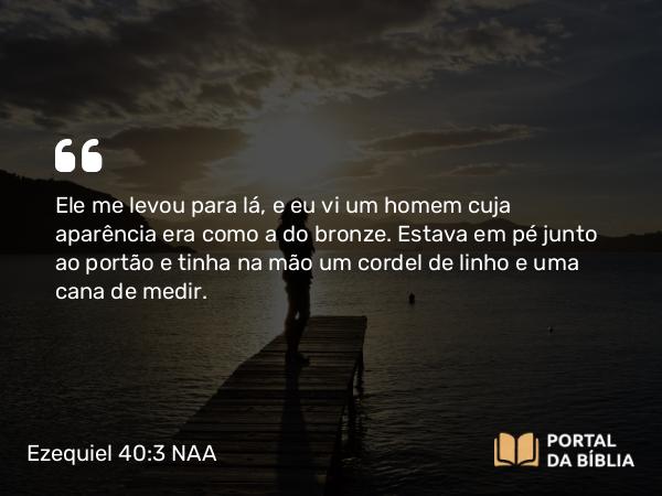 Ezequiel 40:3 NAA - Ele me levou para lá, e eu vi um homem cuja aparência era como a do bronze. Estava em pé junto ao portão e tinha na mão um cordel de linho e uma cana de medir.