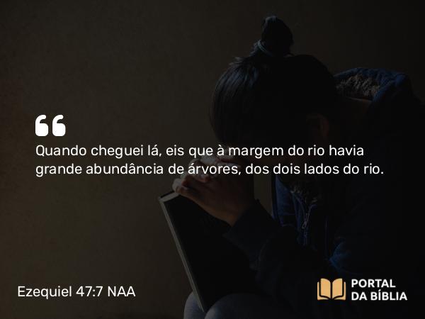 Ezequiel 47:7 NAA - Quando cheguei lá, eis que à margem do rio havia grande abundância de árvores, dos dois lados do rio.