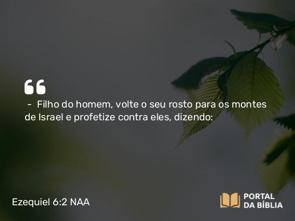 Ezequiel 6:2 NAA - — Filho do homem, volte o seu rosto para os montes de Israel e profetize contra eles, dizendo: