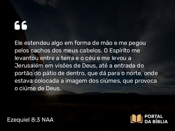 Ezequiel 8:3 NAA - Ele estendeu algo em forma de mão e me pegou pelos cachos dos meus cabelos. O Espírito me levantou entre a terra e o céu e me levou a Jerusalém em visões de Deus, até a entrada do portão do pátio de dentro, que dá para o norte, onde estava colocada a imagem dos ciúmes, que provoca o ciúme de Deus.