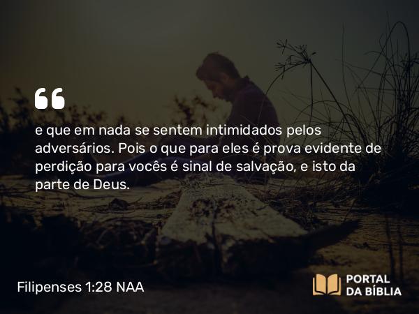 Filipenses 1:28 NAA - e que em nada se sentem intimidados pelos adversários. Pois o que para eles é prova evidente de perdição para vocês é sinal de salvação, e isto da parte de Deus.