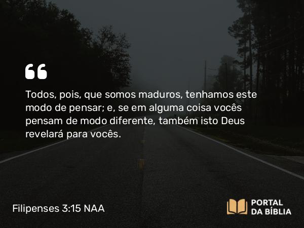 Filipenses 3:15 NAA - Todos, pois, que somos maduros, tenhamos este modo de pensar; e, se em alguma coisa vocês pensam de modo diferente, também isto Deus revelará para vocês.