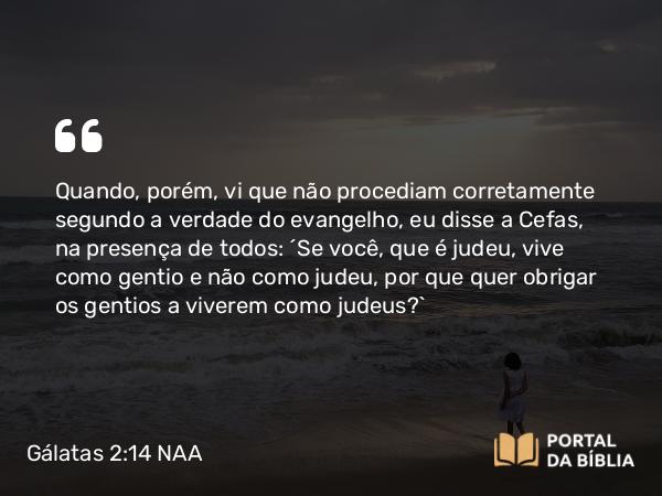 Gálatas 2:14 NAA - Quando, porém, vi que não procediam corretamente segundo a verdade do evangelho, eu disse a Cefas, na presença de todos: 