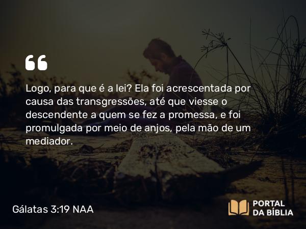 Gálatas 3:19 NAA - Logo, para que é a lei? Ela foi acrescentada por causa das transgressões, até que viesse o descendente a quem se fez a promessa, e foi promulgada por meio de anjos, pela mão de um mediador.